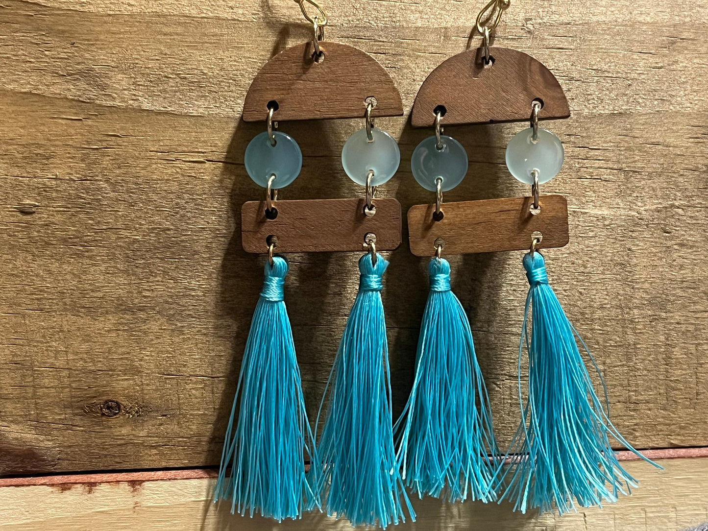 Turquoise wooden and gold earrings with tasseles Turquoise dangle accents with natural wood pieces, nickel free