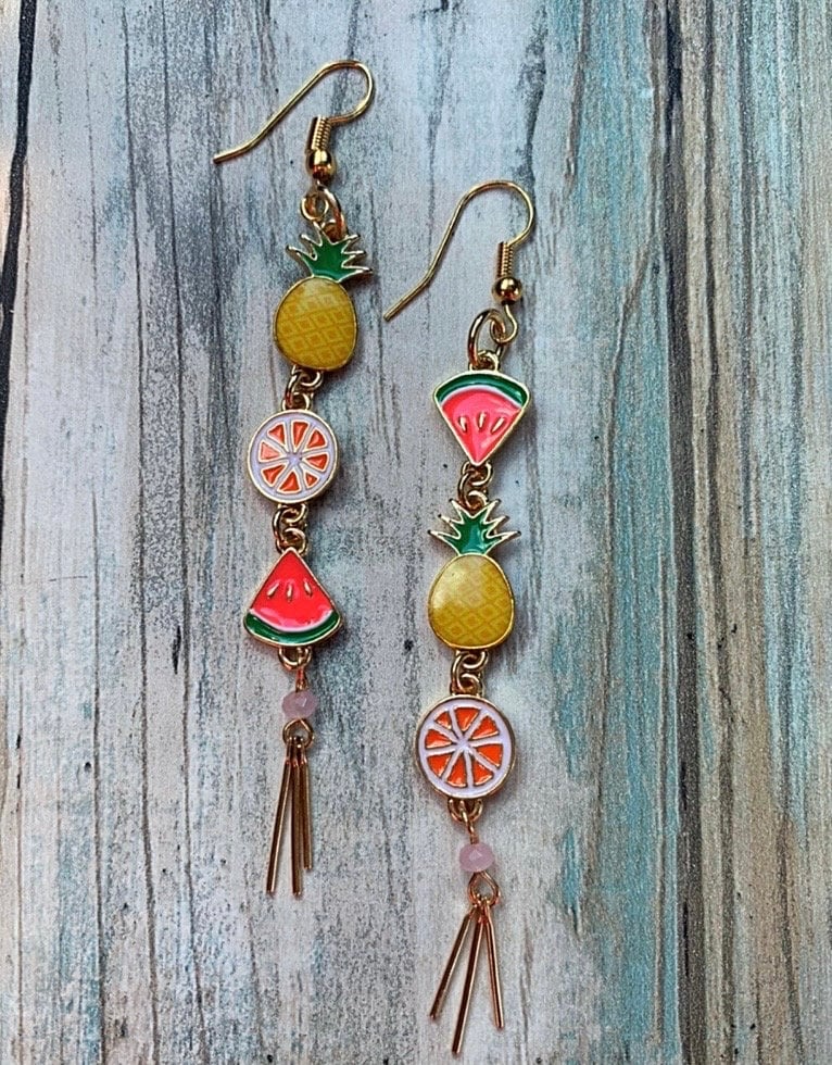 Summer Fruit Earrings - Dangle Earring - Gold Plated Nickel Free - Watermelon, Pineapple, Grapefruit