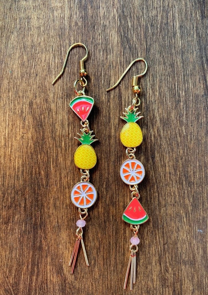 Summer Fruit Earrings - Dangle Earring - Gold Plated Nickel Free - Watermelon, Pineapple, Grapefruit