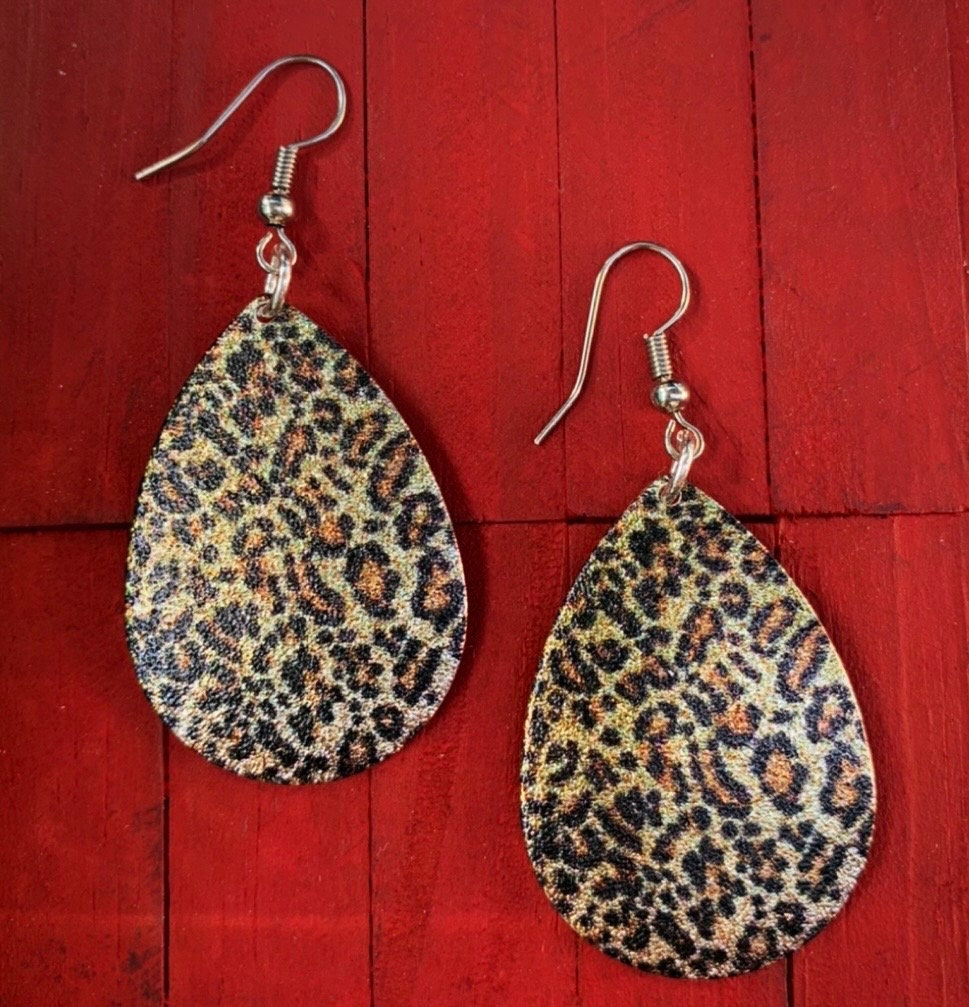 Leopard Print Teardrop Metal dangle Earrings ~ Animal Kingdom