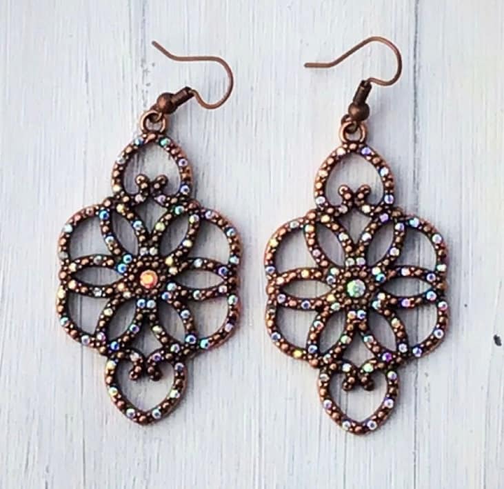 Burnished Gold Scroll Floral Earrings with Rhinestones ~ Plated Hematite Quatrefoil Dangle Earrings with Rhinestones ~