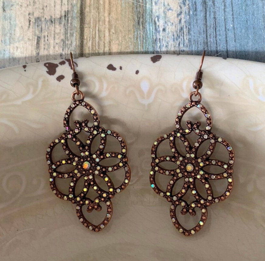 Burnished Gold Scroll Floral Earrings with Rhinestones ~ Plated Hematite Quatrefoil Dangle Earrings with Rhinestones ~