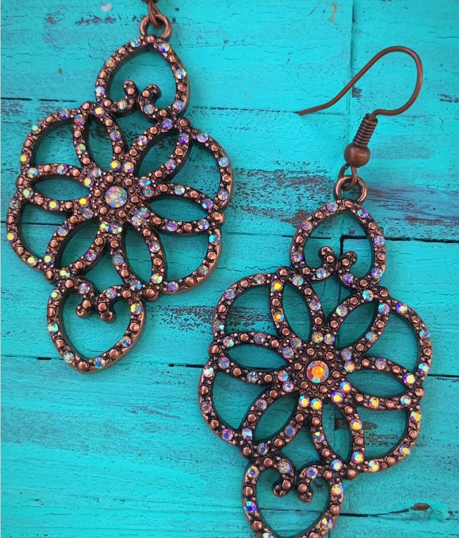 Burnished Gold Scroll Floral Earrings with Rhinestones ~ Plated Hematite Quatrefoil Dangle Earrings with Rhinestones ~