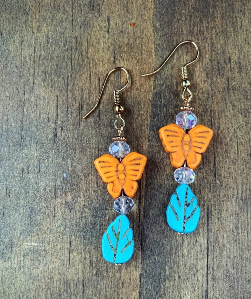 Howlite Butterfly & Leaf Drop Earrings  ~ Butterfly Jewelry