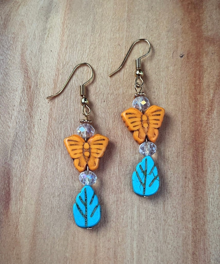 Howlite Butterfly & Leaf Drop Earrings  ~ Butterfly Jewelry