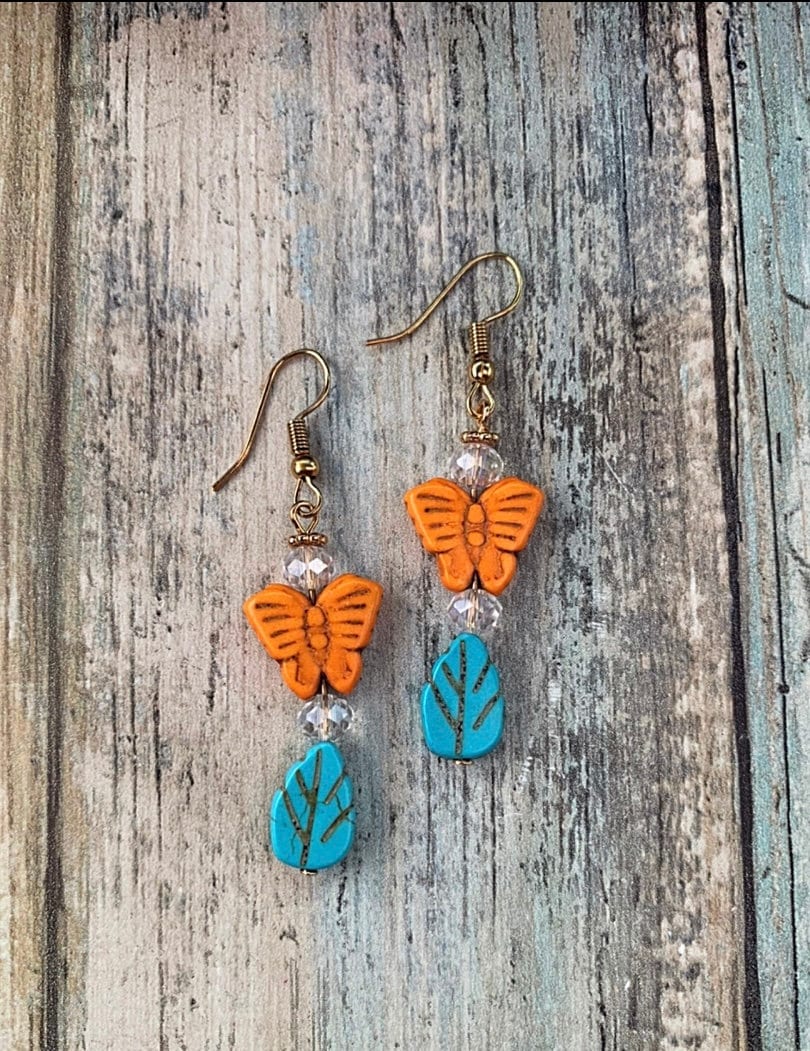 Howlite Butterfly & Leaf Drop Earrings  ~ Butterfly Jewelry