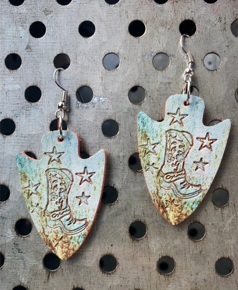 Boho Cowgirl Boots Earrings - Patina Leather Dangles - Western Style