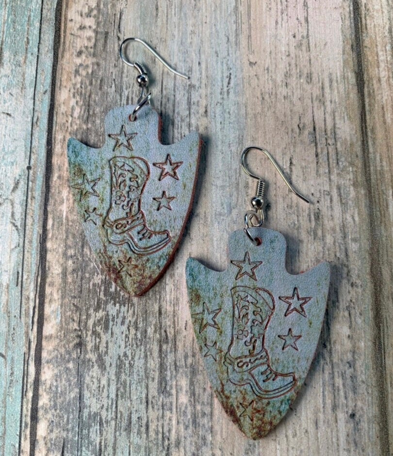 Boho Cowgirl Boots Earrings - Patina Leather Dangles - Western Style