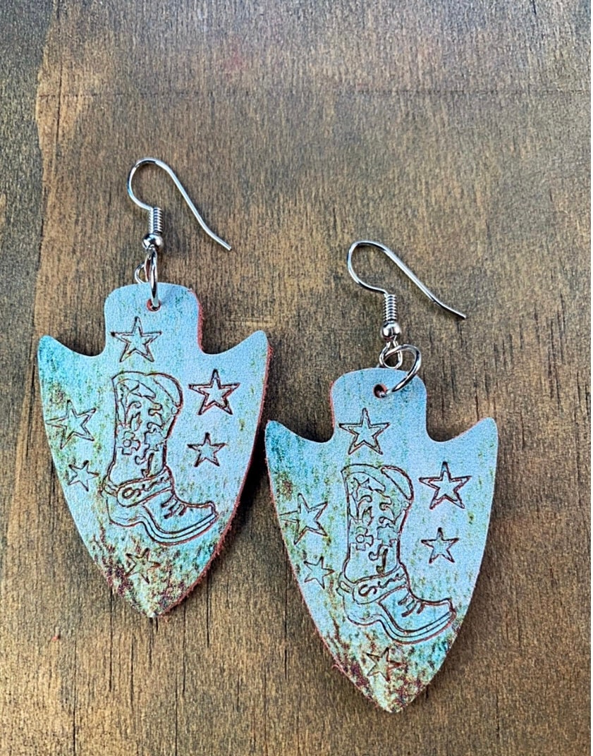 Boho Cowgirl Boots Earrings - Patina Leather Dangles - Western Style