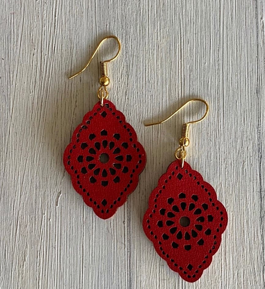 Red Leather Scalloped Earrings ~ Statement Earrings ~ Southwestern Jewelry