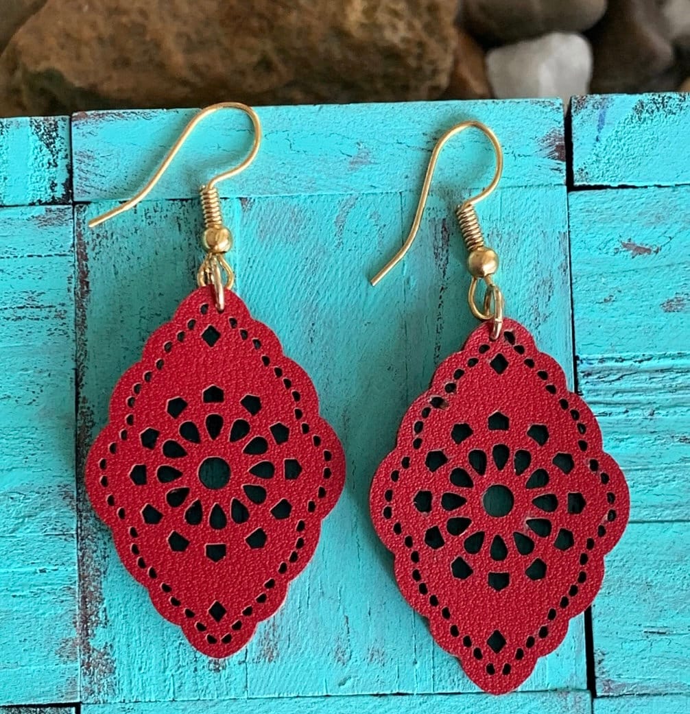 Red Leather Scalloped Earrings ~ Statement Earrings ~ Southwestern Jewelry