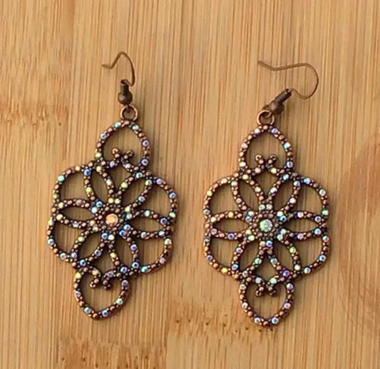 Burnished Gold Scroll Floral Earrings with Rhinestones ~ Plated Hematite Quatrefoil Dangle Earrings with Rhinestones ~