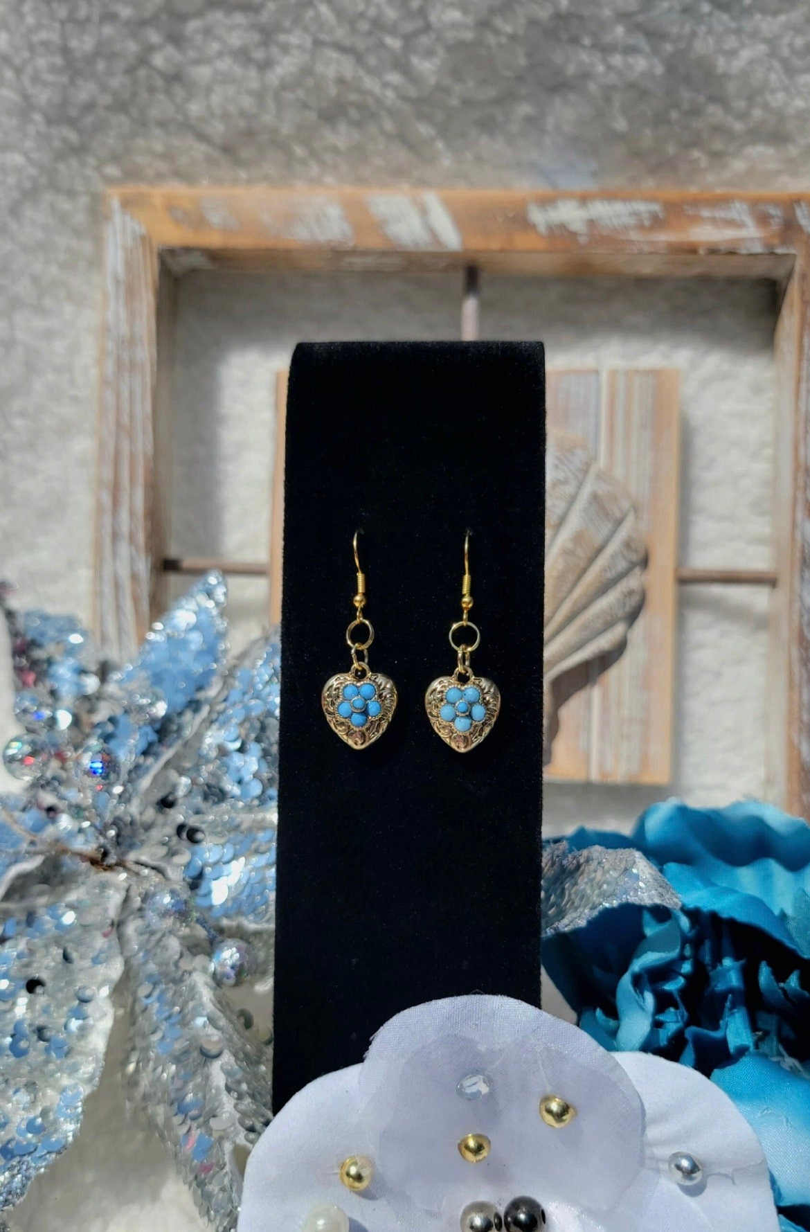 Heart-Shaped Silver Gold Drop Earrings with Blue Bead Flower, Heart Dangle Earring