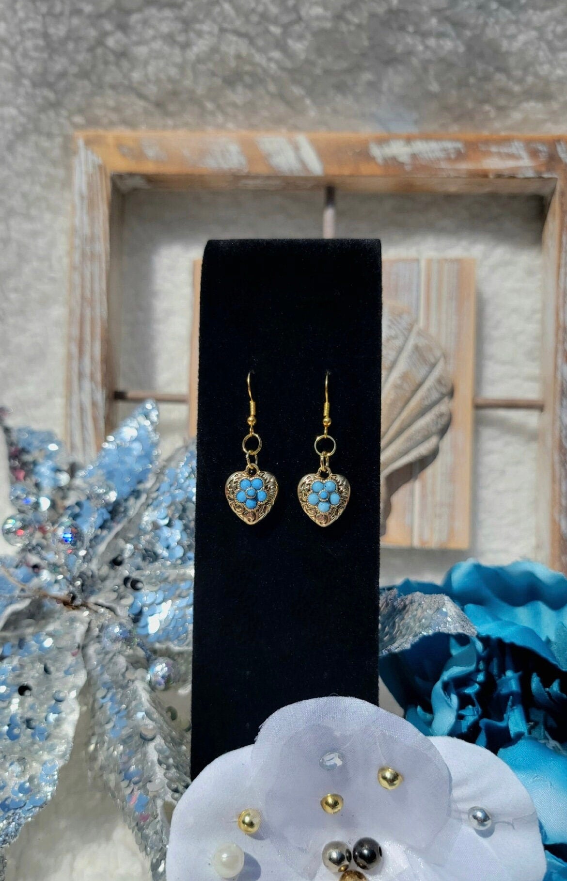 Heart-Shaped Silver Gold Drop Earrings with Blue Bead Flower, Heart Dangle Earring