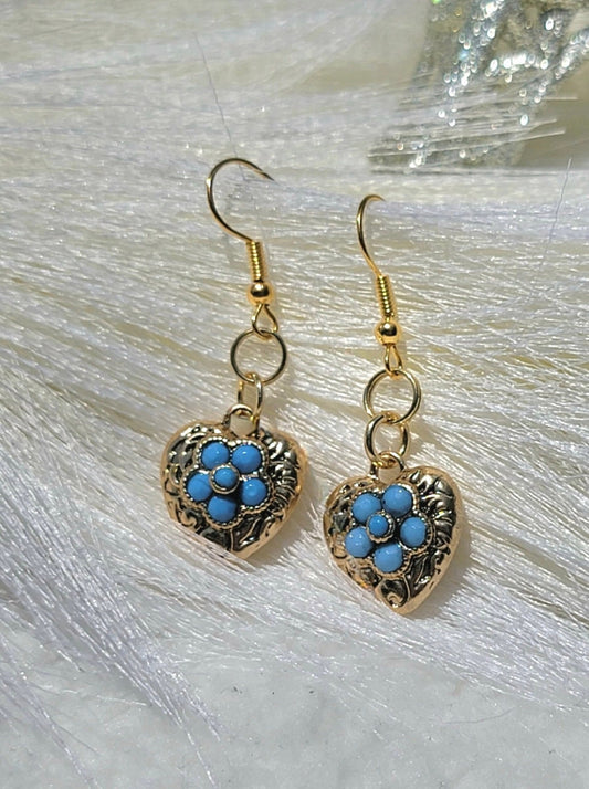 Heart-Shaped Silver Gold Drop Earrings with Blue Bead Flower, Heart Dangle Earring