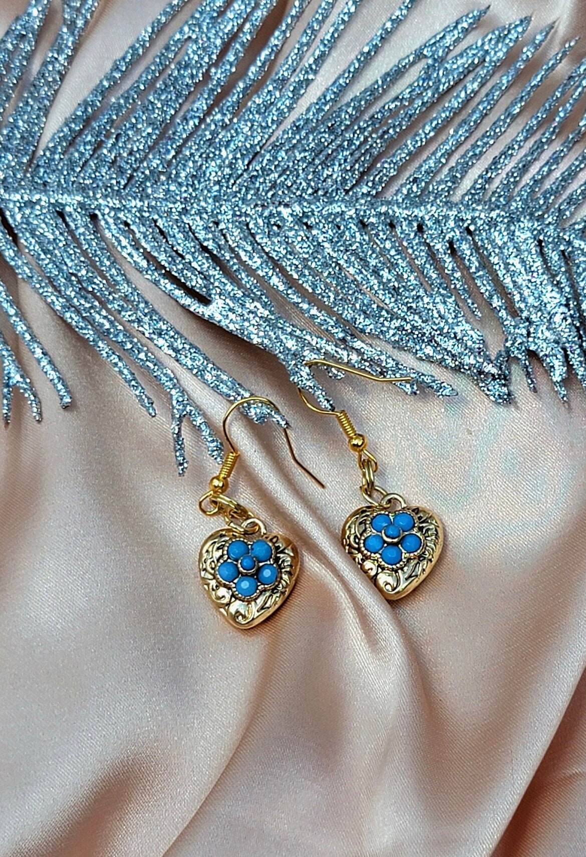 Heart-Shaped Silver Gold Drop Earrings with Blue Bead Flower, Heart Dangle Earring