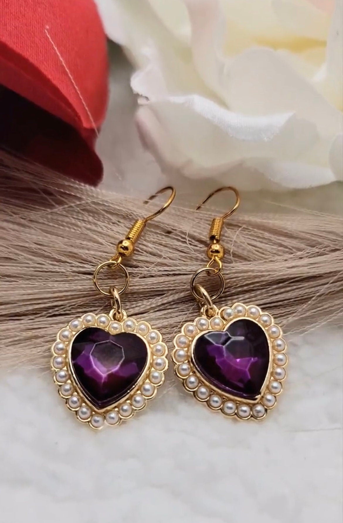 Purple Heart with Pearls Earring | Heart Pendant Earring | Purple Heart Earring | Heart Shaped Earrings | Heart Dangle Earring | Heart Drop