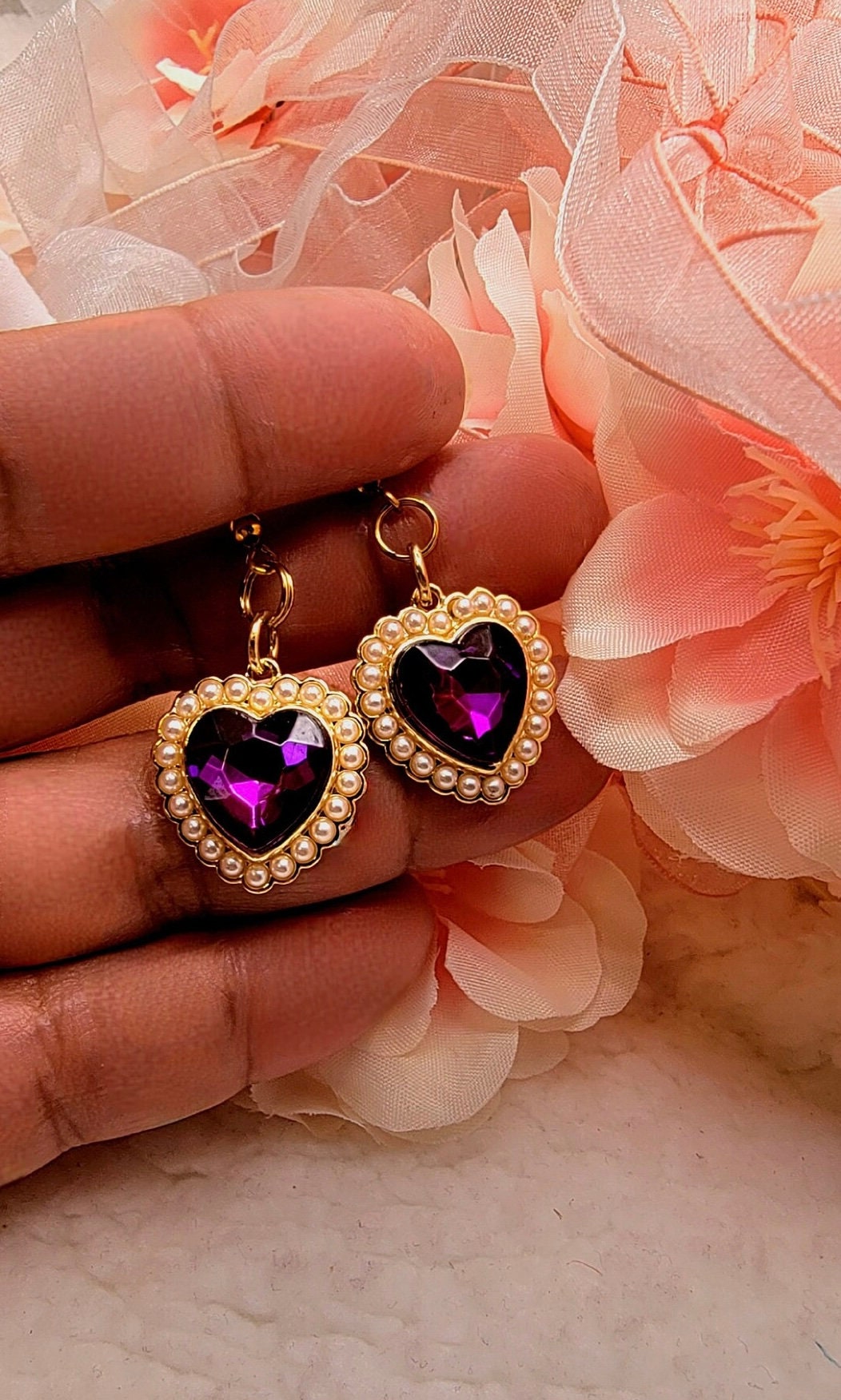 Purple Heart with Pearls Earring | Heart Pendant Earring | Purple Heart Earring | Heart Shaped Earrings | Heart Dangle Earring | Heart Drop