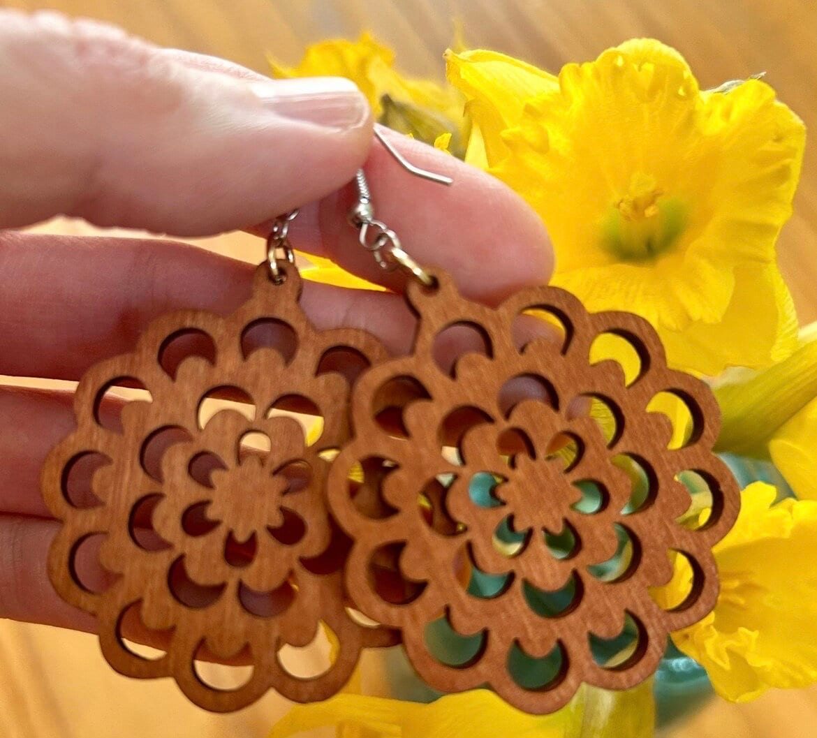 Wooden Flower Earrings-Spring Earrings-Flower Jewelry-Gift for friend, sister, mom-Wooden Flower Jewelry-Nature Jewelry-Lightweight Earrings