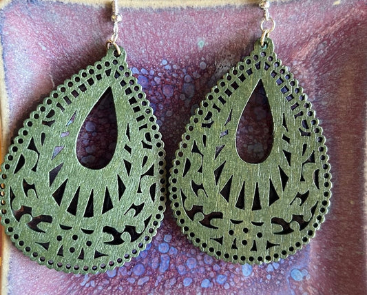 Green Filigree Teardrop Wood Earrings