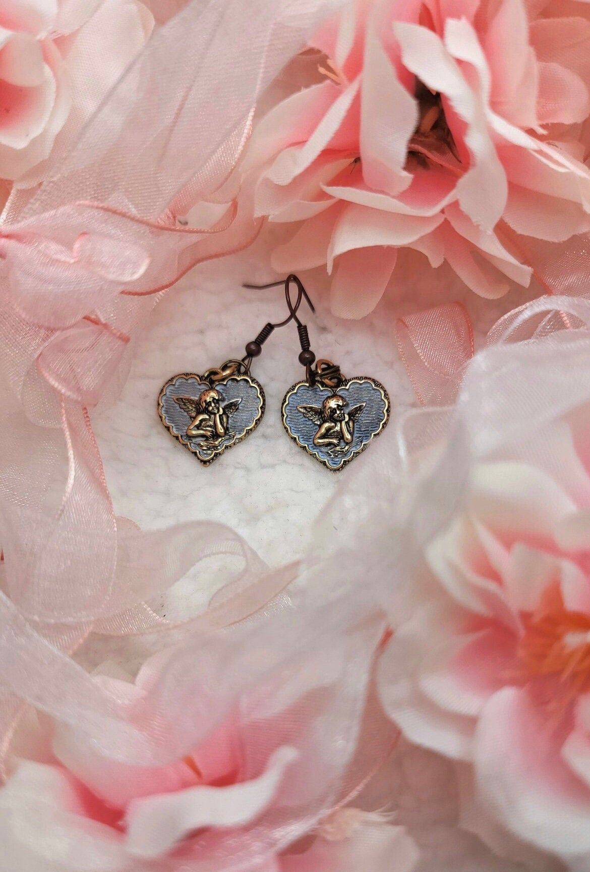 Cherubs Heart Charms Drop Earring, Cupid Hearts Dangle Earring, Angel Cherub Dangle Earring, Cute Angel Earring, Guardian Angel Earring