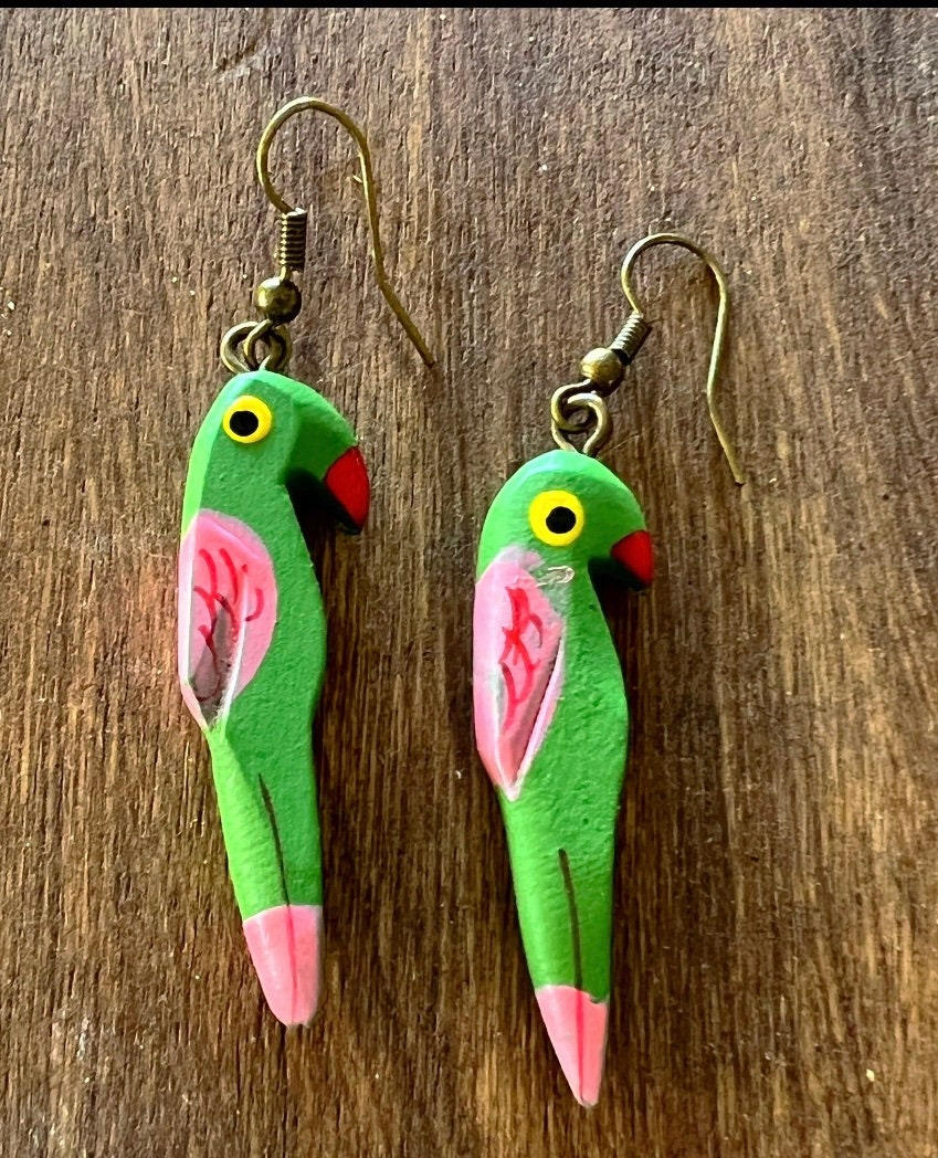 Boho Chic Wooden Parrot Earrings with Antique Bronze Accents