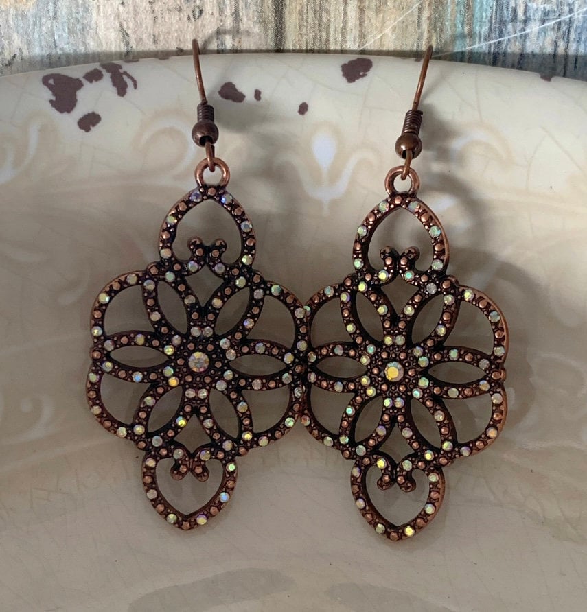 Burnished Gold Scroll Floral Earrings with Rhinestones ~ Plated Hematite Quatrefoil Dangle Earrings with Rhinestones ~