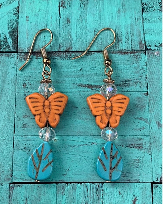 Howlite Butterfly & Leaf Drop Earrings  ~ Butterfly Jewelry