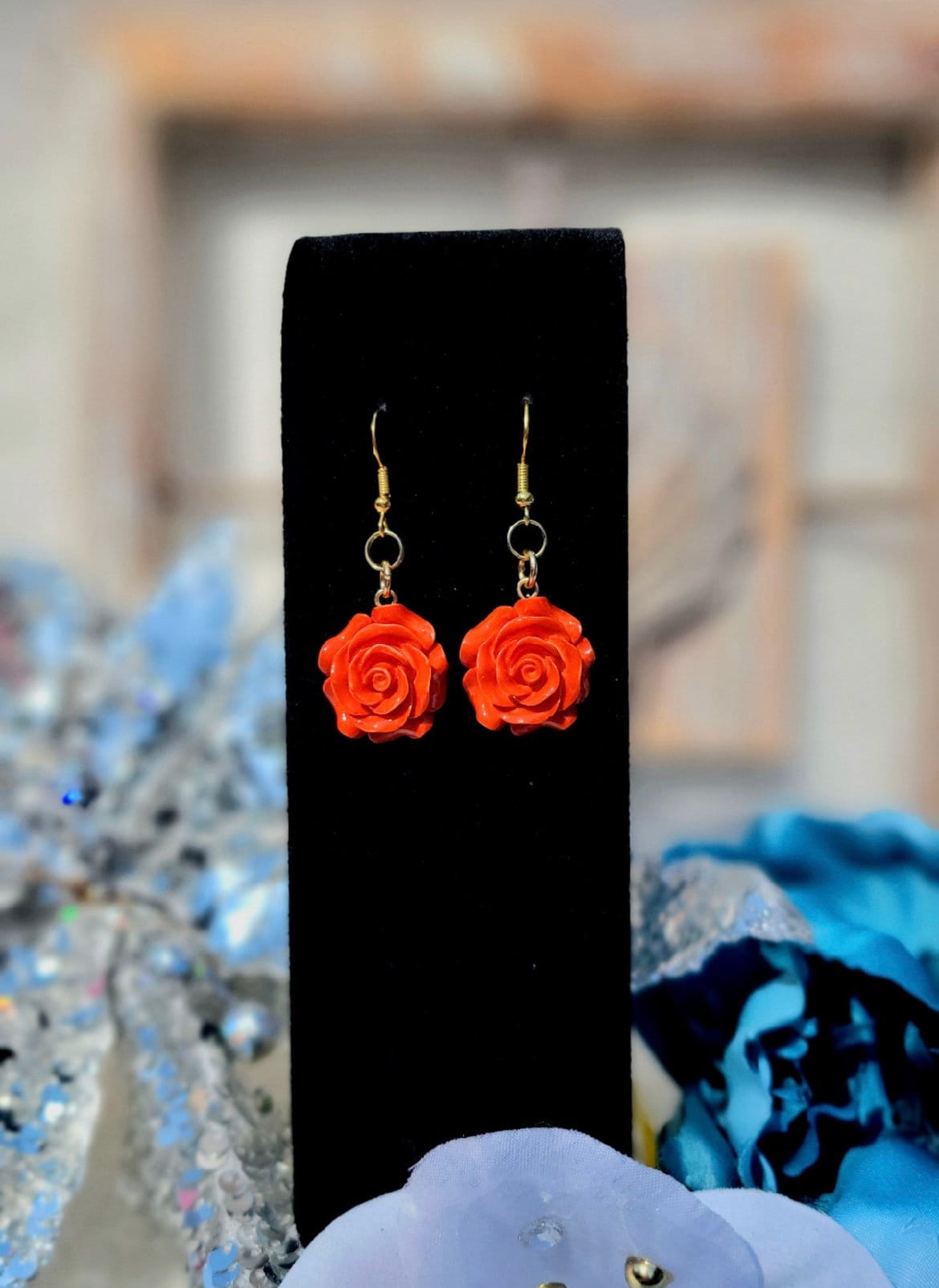 Red Rose Drop Earring, Red Rose Jewelry, Red Rose Earring, Rose Earring Red, Red Rose Dangle Earring, Gold Rose Earring, Cute Drop Earring