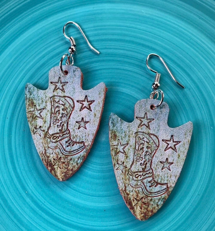 Boho Cowgirl Boots Earrings - Patina Leather Dangles - Western Style