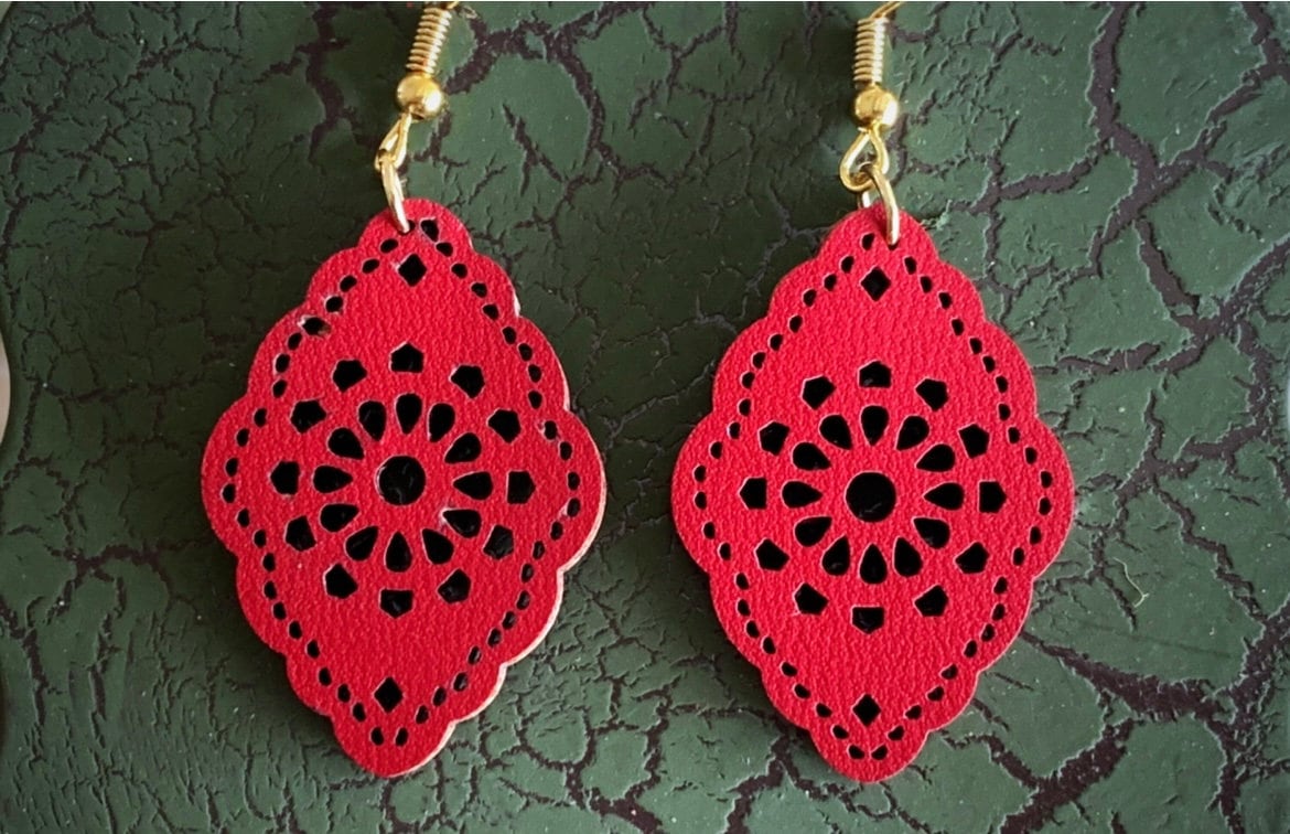 Red Leather Scalloped Earrings ~ Statement Earrings ~ Southwestern Jewelry