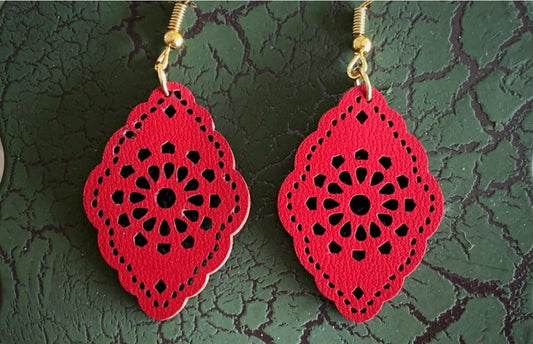 Red Leather Scalloped Earrings ~ Statement Earrings ~ Southwestern Jewelry