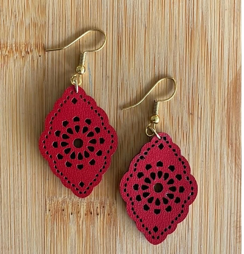 Red Leather Scalloped Earrings ~ Statement Earrings ~ Southwestern Jewelry