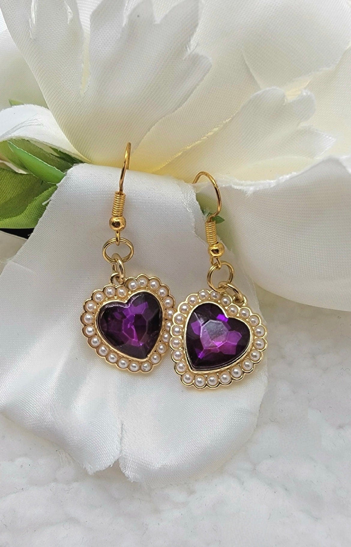 Purple Heart with Pearls Earring | Heart Pendant Earring | Purple Heart Earring | Heart Shaped Earrings | Heart Dangle Earring | Heart Drop