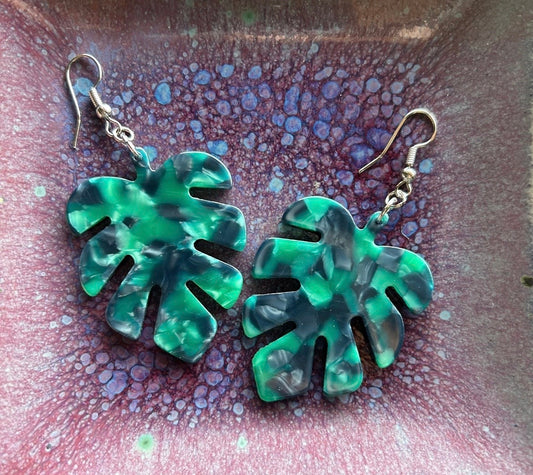 Plastic Leaf Earrings-Resin Leaf Earrings-Leaf Jewelry-Leaf Earrings-Green Leaf Earrings-Lightweight Earrings-Statement Earrings-Nature Gift