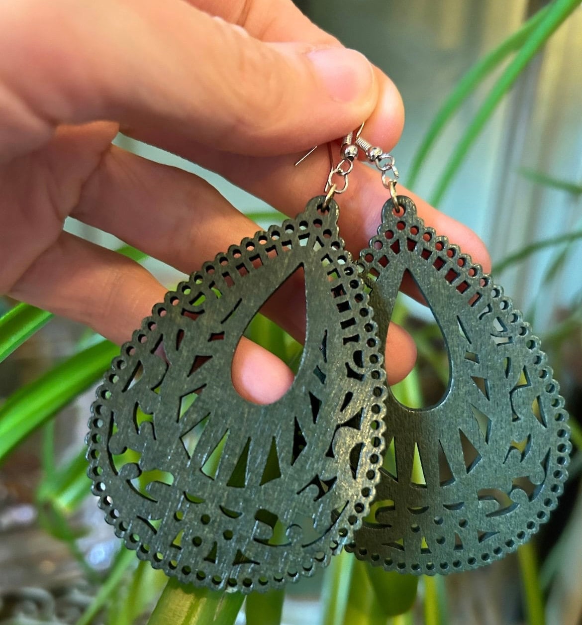 Green Filigree Teardrop Wood Earrings