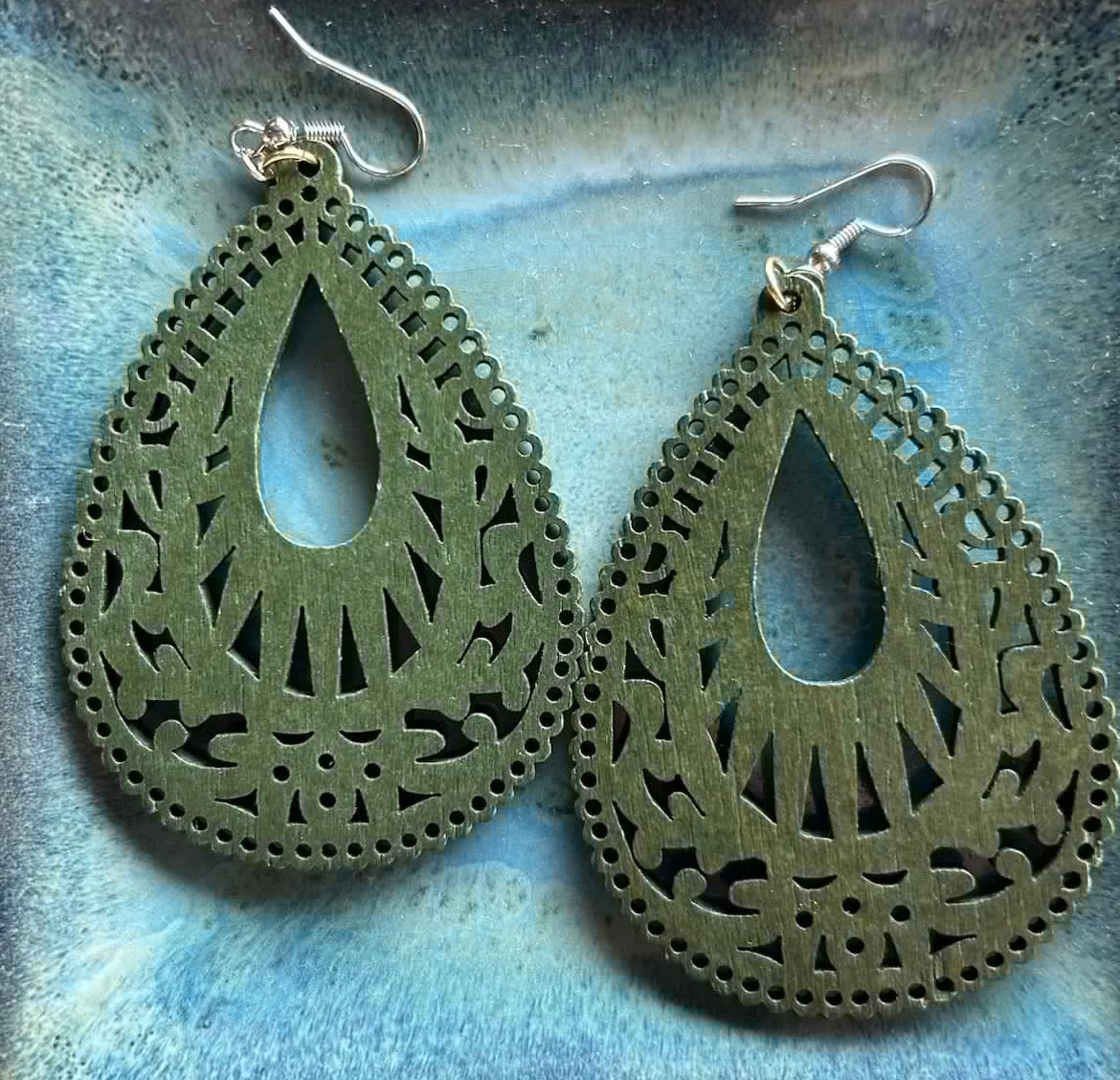 Green Filigree Teardrop Wood Earrings