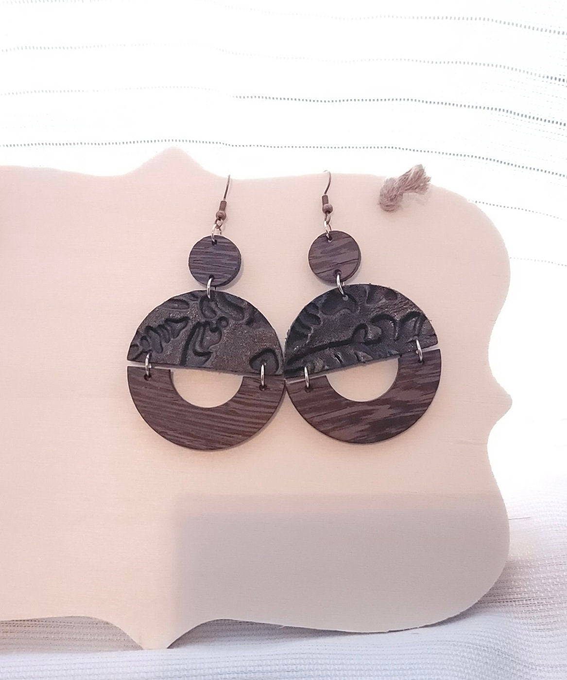 Leather Wooden Circle Earrings | Solid Color Earrings | Dangle Earrings | Boho Earrings