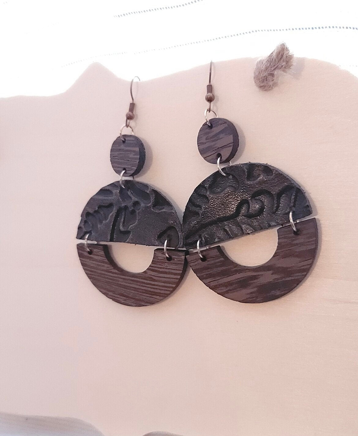 Leather Wooden Circle Earrings | Solid Color Earrings | Dangle Earrings | Boho Earrings