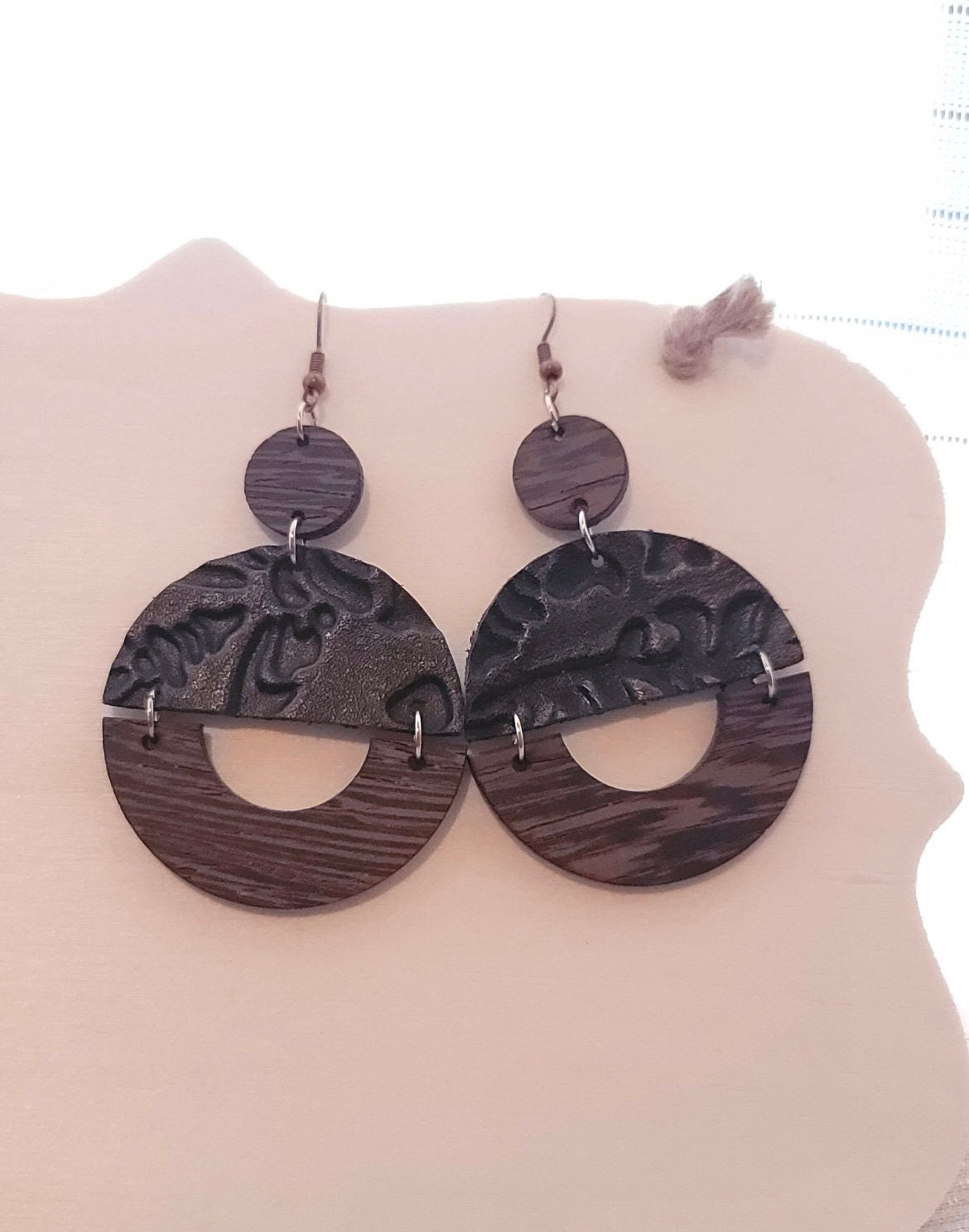 Leather Wooden Circle Earrings | Solid Color Earrings | Dangle Earrings | Boho Earrings