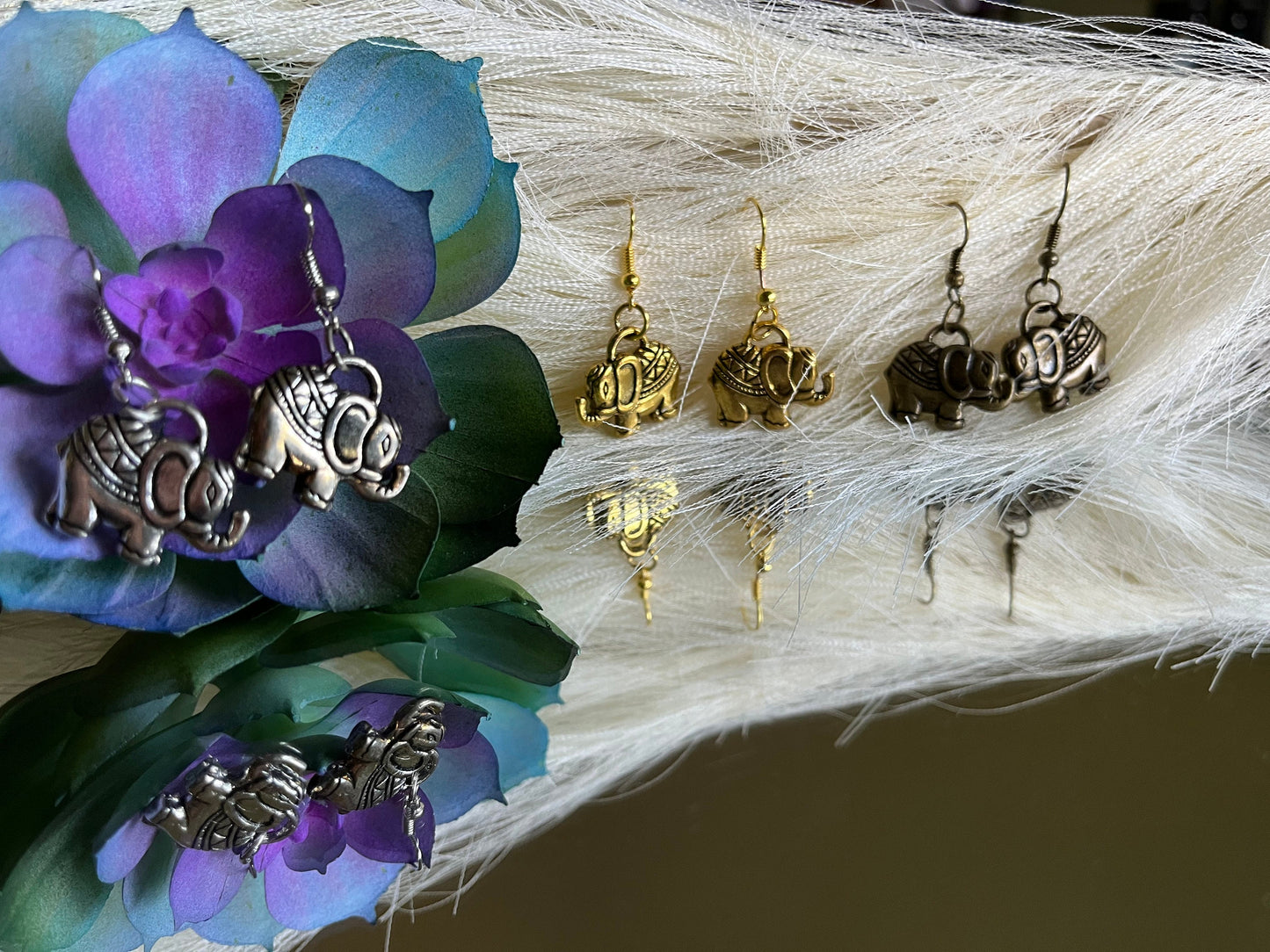 Elephant Earrings ~ Elephant Earrings~ Animal Kingdom Antique Silver, Antique Gold & Antique Brass