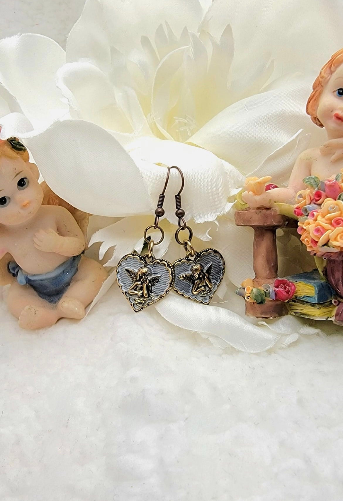 Cherubs Heart Charms Drop Earring, Cupid Hearts Dangle Earring, Angel Cherub Dangle Earring, Cute Angel Earring, Guardian Angel Earring