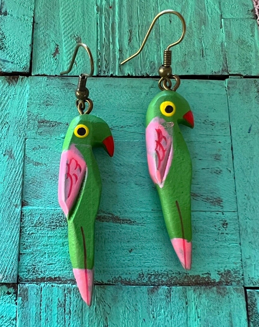 Boho Chic Wooden Parrot Earrings with Antique Bronze Accents