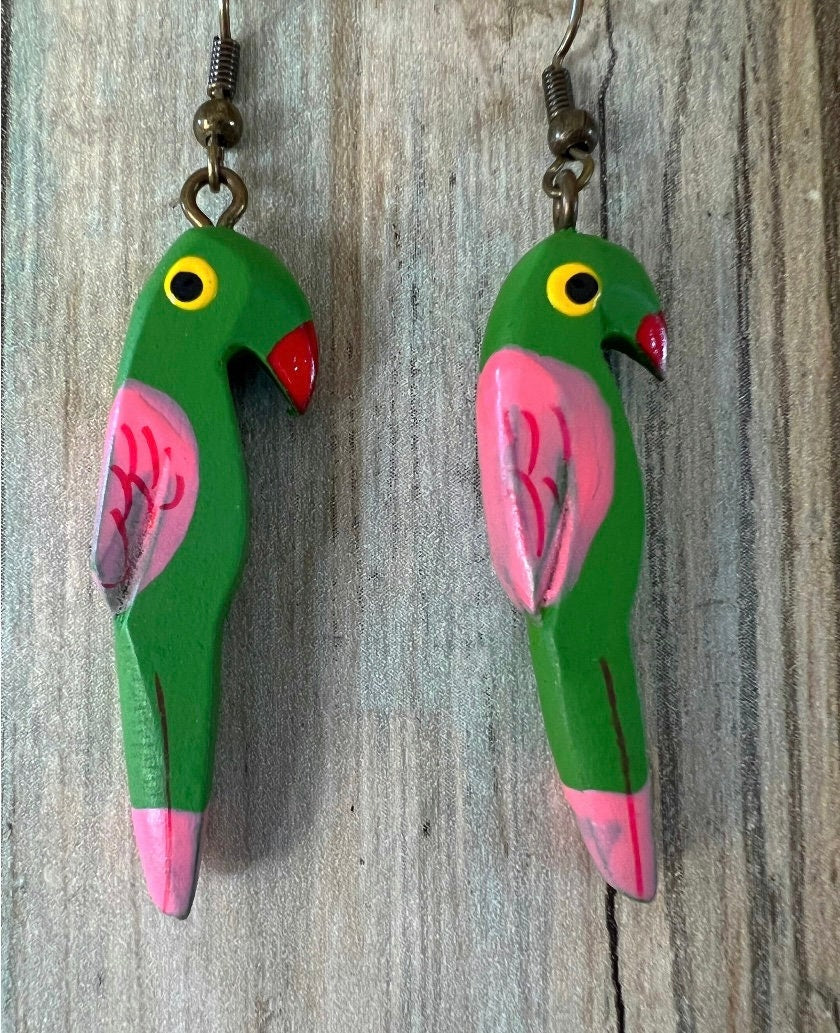 Boho Chic Wooden Parrot Earrings with Antique Bronze Accents