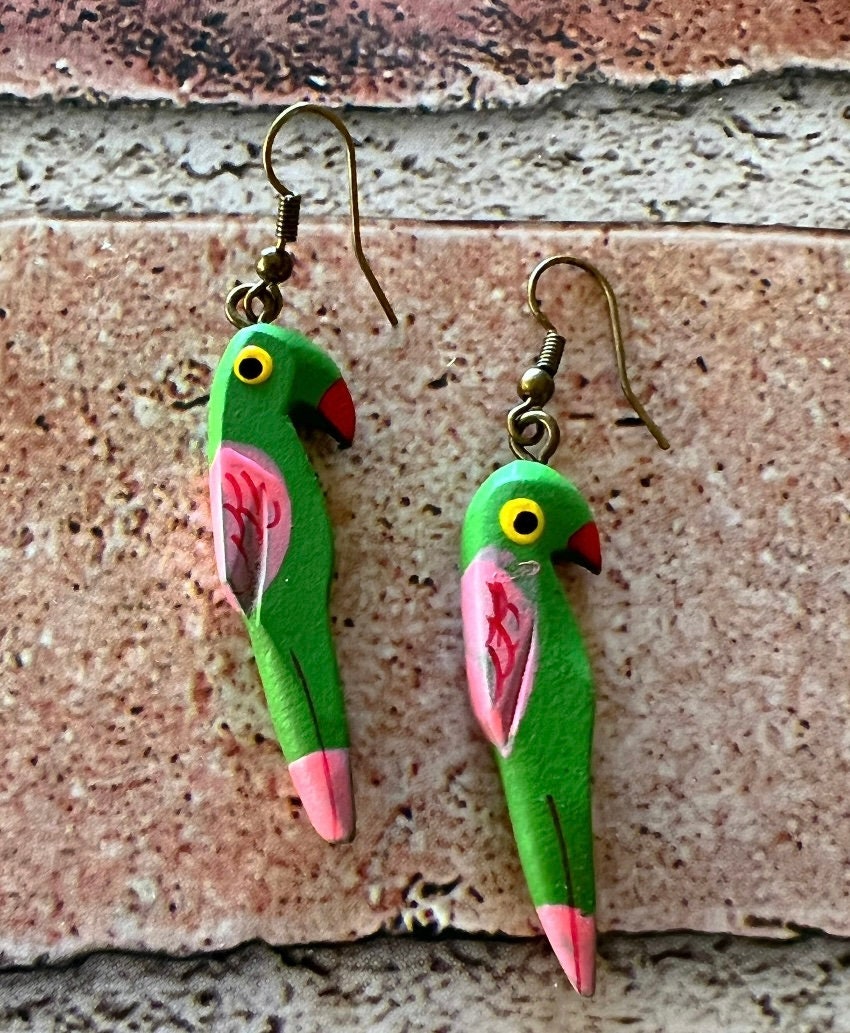 Boho Chic Wooden Parrot Earrings with Antique Bronze Accents