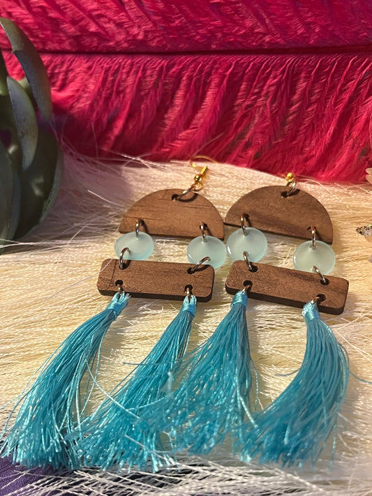 Turquoise wooden and gold earrings with tasseles Turquoise dangle accents with natural wood pieces, nickel free