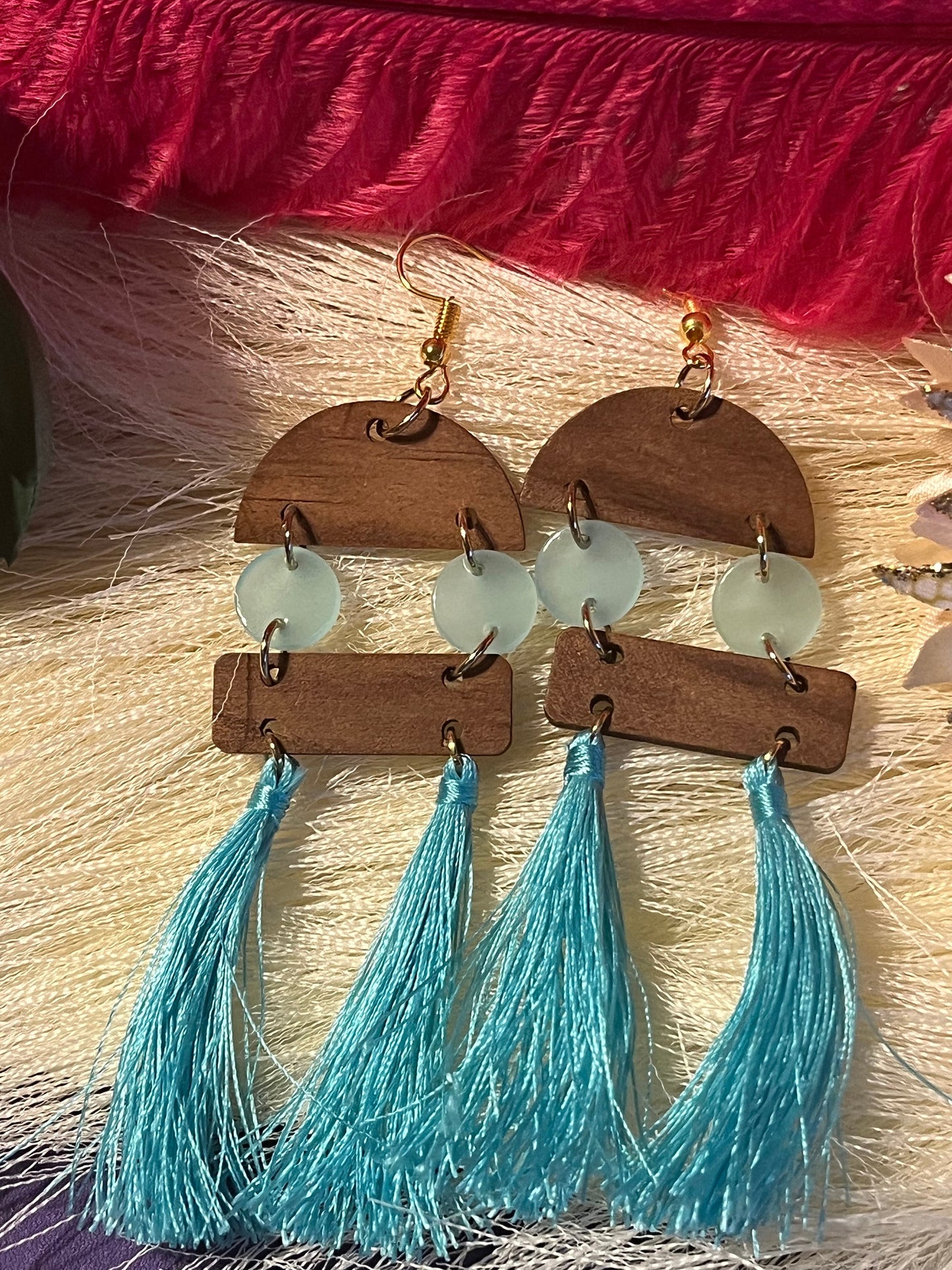 Turquoise wooden and gold earrings with tasseles Turquoise dangle accents with natural wood pieces, nickel free