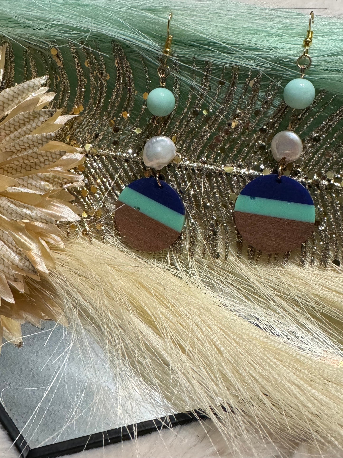 Seaside Charm: Turquoise, Navy, and Wood Shell Vibe Earrings with Bubbles